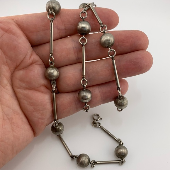 STERLING SILVER 835 European Ball & Bar Chain Link Necklace Vintage 27-1/2" - Picture 2 of 8